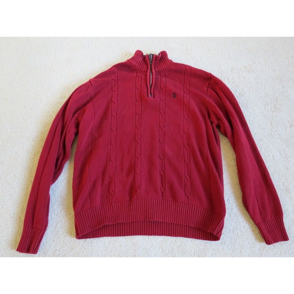 US Polo Assn Mens Red Cable Knit Quarter Zip Sweater Large Long Sleeve Pullover